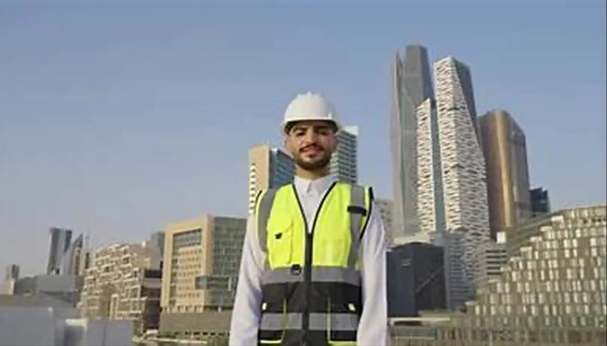 مهندس أمام أفق المدينة، رمزاً لأنظمة تبريد المدن الذكية