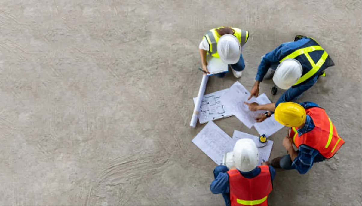 فريق هندسي يراجع المخططات في موقع العمل